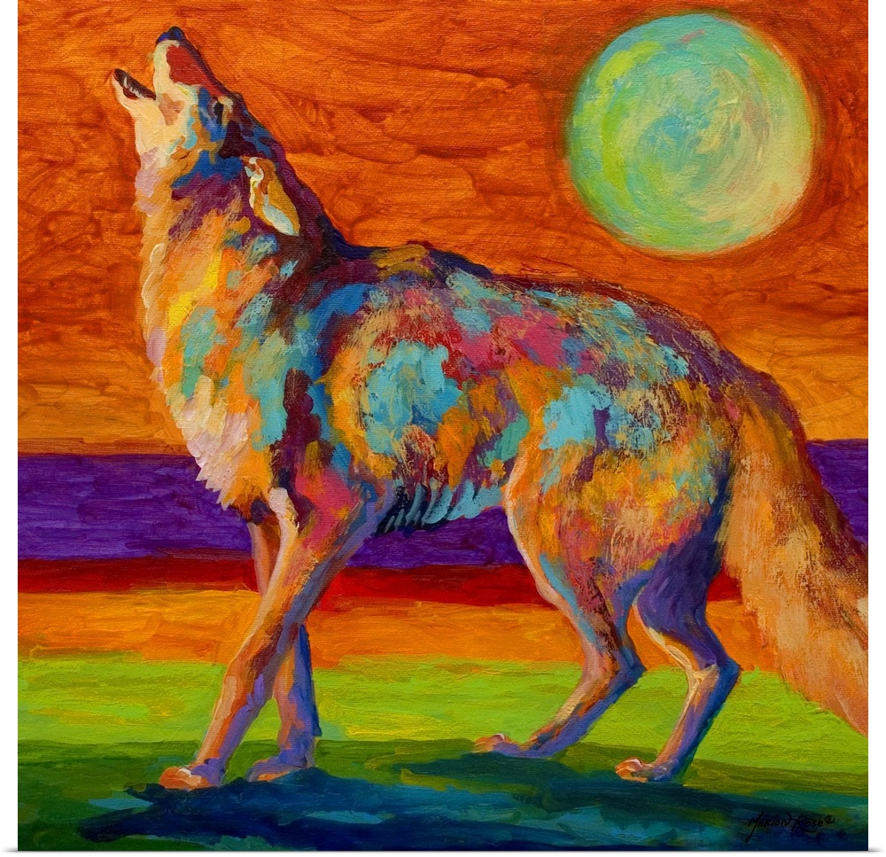 Square, oversized contemporary painting of a wolf standing on a rocky ledge, howling at the sky beneath a full moon.  Pain...