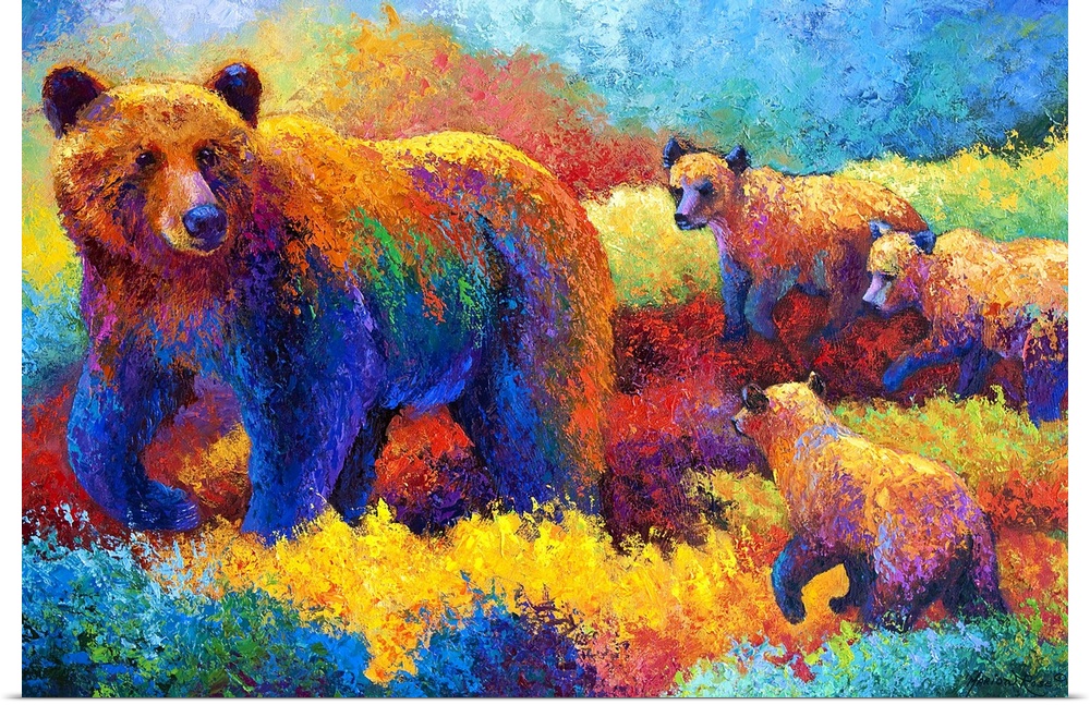 Big abstract painting on canvas of a mother bear walking through a colorful field with three baby bears following her.