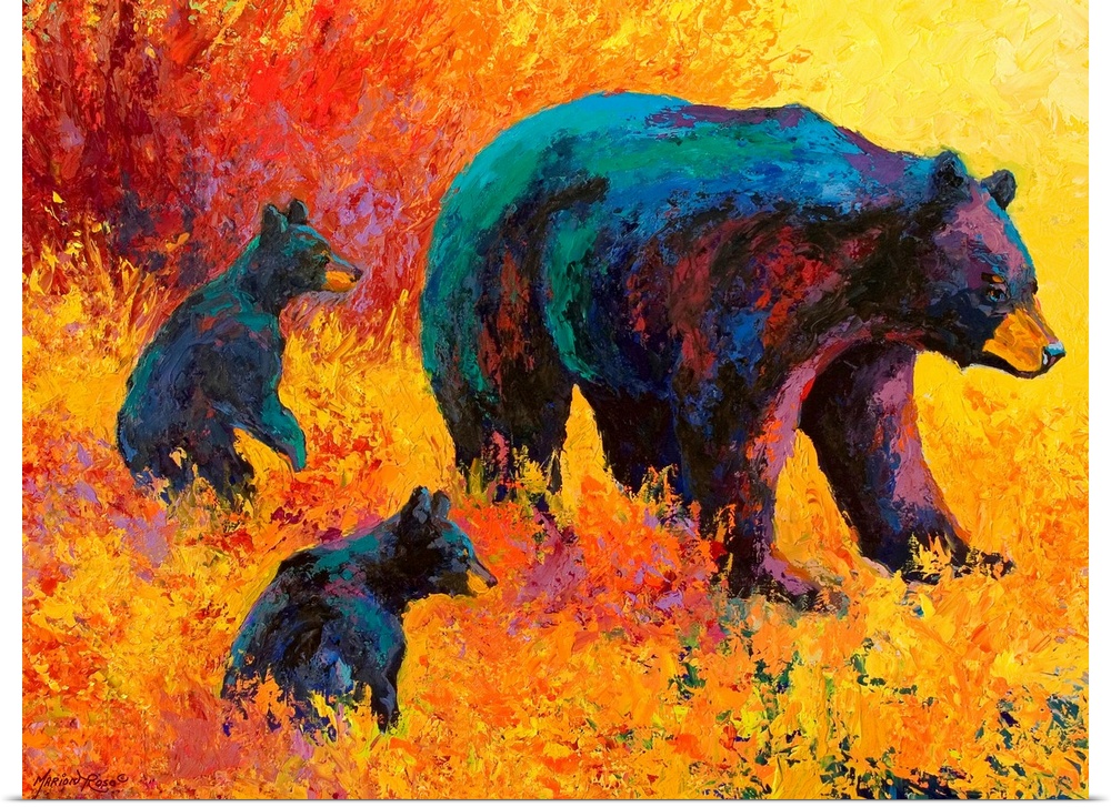 Contemporary artwork of a mother black bear with her two cubs by her side amongst warmly colored foliage.