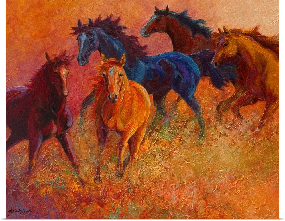 Large contemporary art displays a group of five horses galloping through an empty field.  Artist uses an abundance of eart...