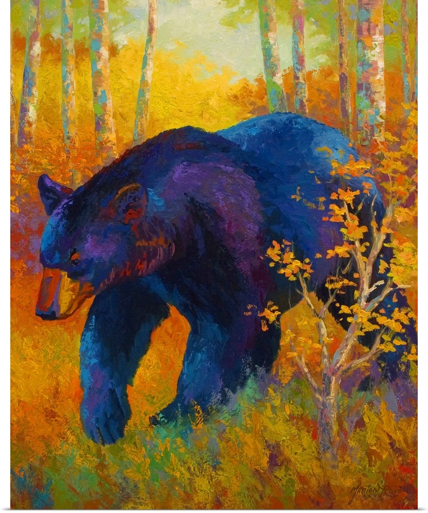 Large, portrait painting of a giant black bear walking through a clearing in a forest of brightly colored foliage.  Painte...