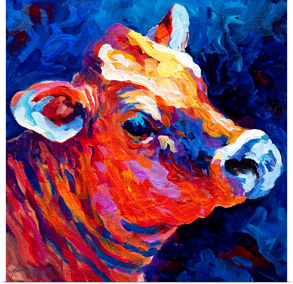 Contemporary painting of cow.  The image is created using long, wide brush strokes of color.