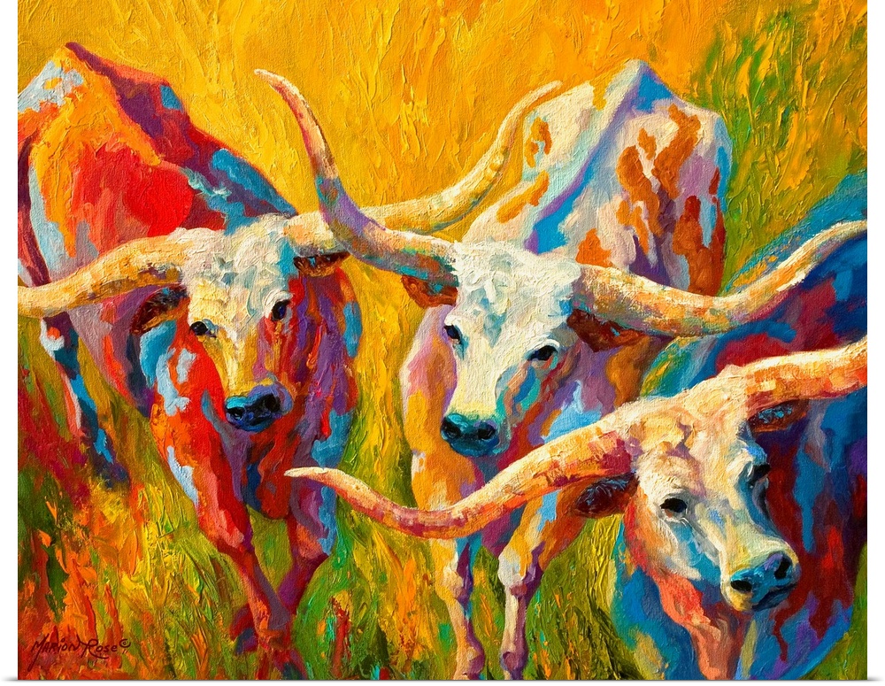 Contemporary painting by Marion Rose of three longhorn cattle in a bright, grassy field.