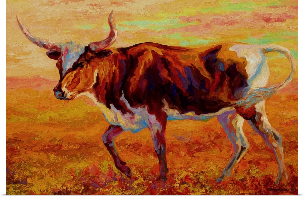 Big painting of a bull on canvas with a warm sunlight tone.