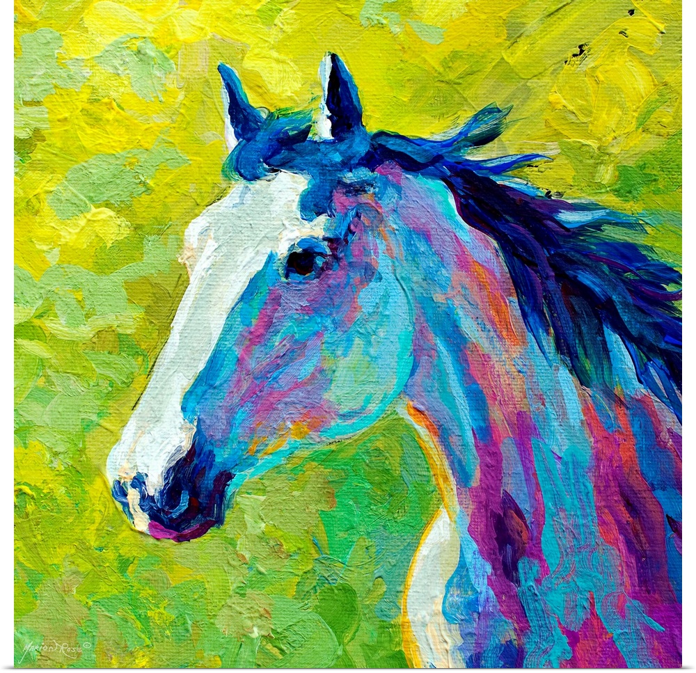 A contemporary painting of a horse done in vivid, unconventional colors. The stallion's mane is waving in the breeze.