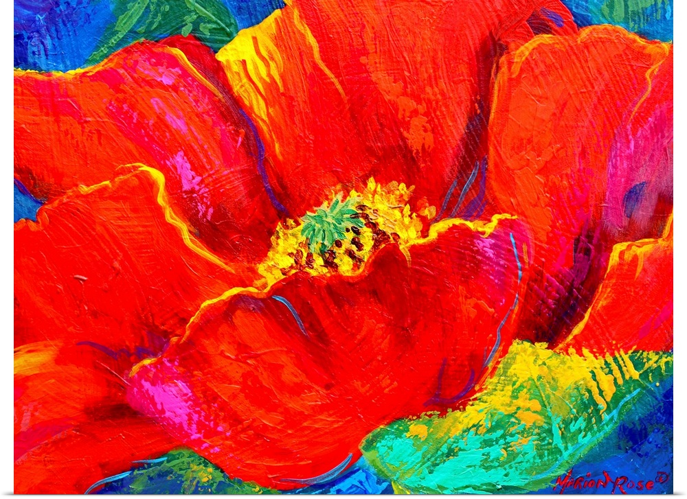 Up-close painting of boldly colored flower.
