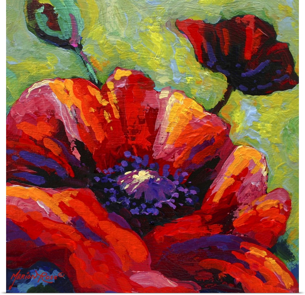 Contemporary painting of three flowers viewed close up on canvas.