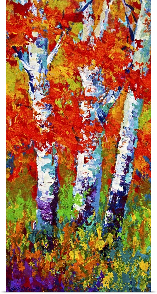 Vertical painting on a big canvas of several birch trees surrounded by vibrant fall leaves and grasses.