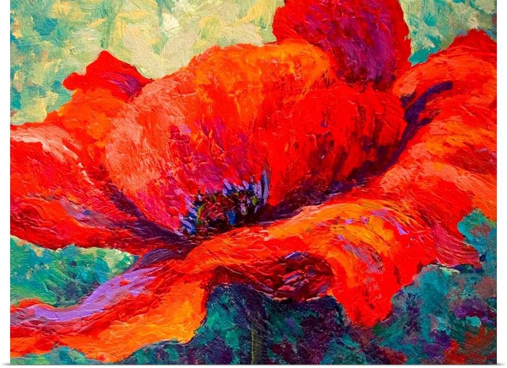Up close contemporary painting of flower featuring its petals and stem.  The background created consists of short brush st...