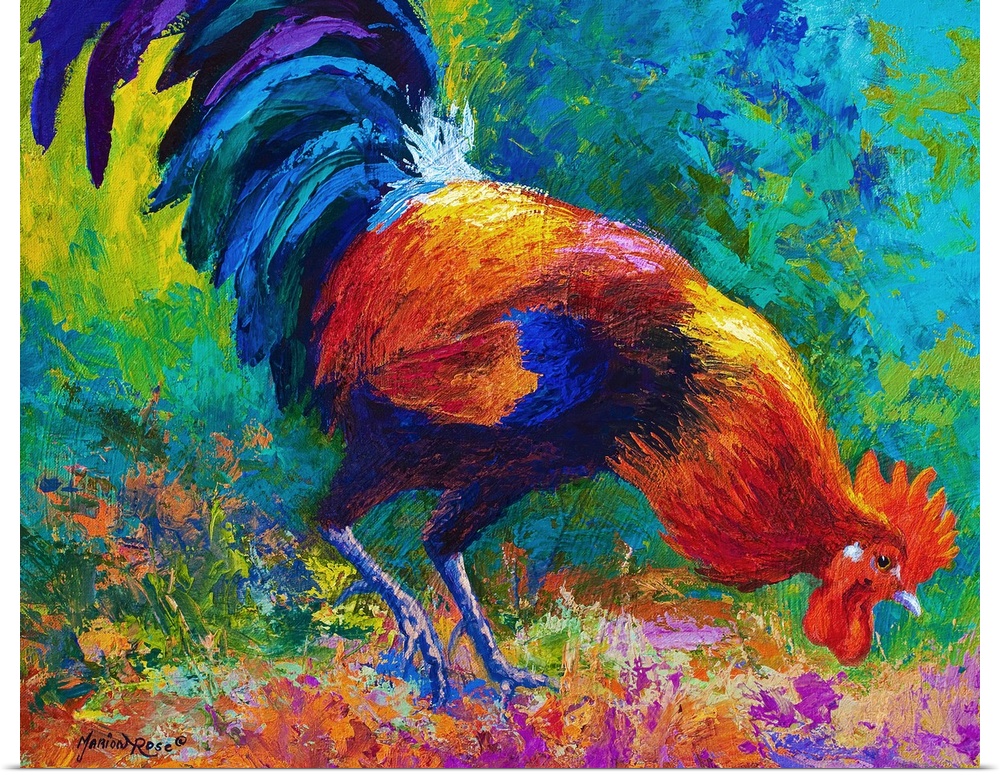 Painting of a vividly colored rooster foraging on the ground.