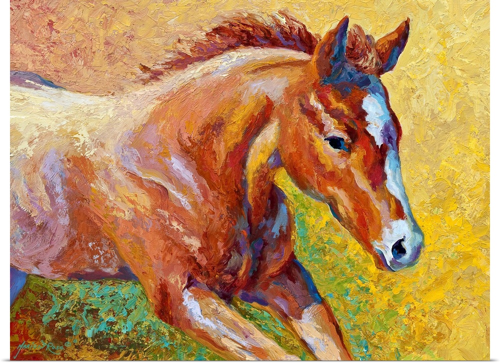 Contemporary artwork of a young female horse that uses vibrant colors to paint the area around her.