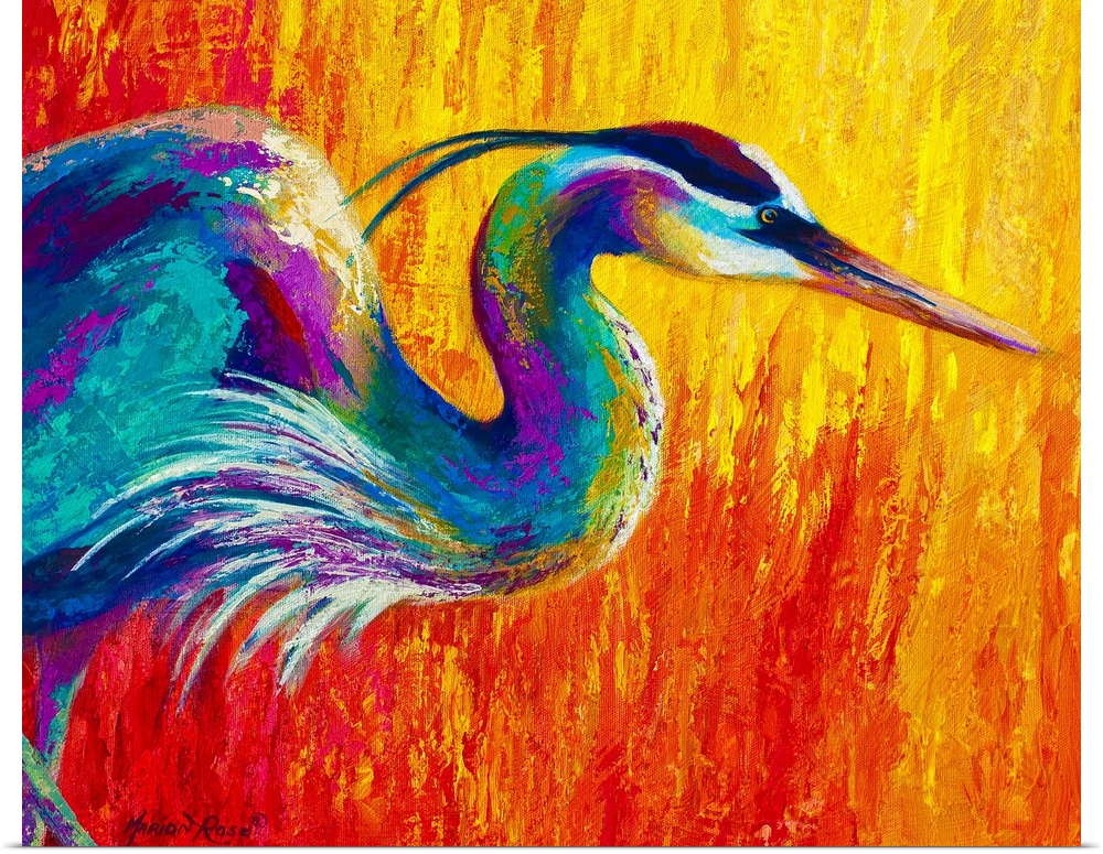 Contemporary art painting of a bright colored egret bird on a firey background.
