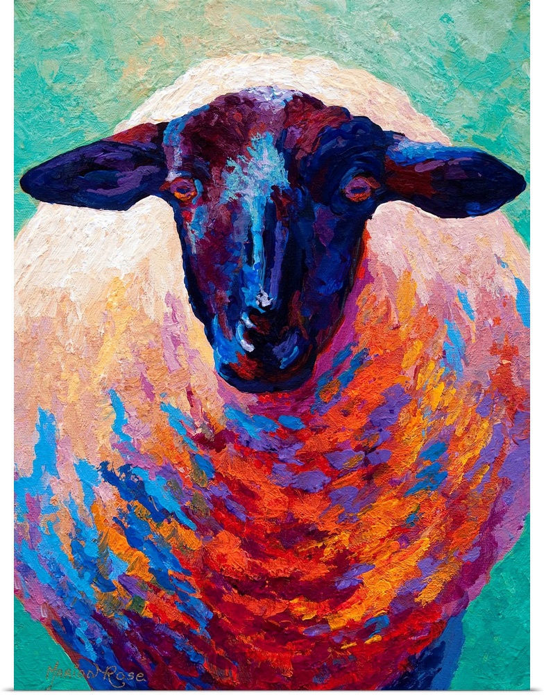 This is a contemporary painting of a sheep where the shadows have been painted with vivid and uncommon colors not normally...