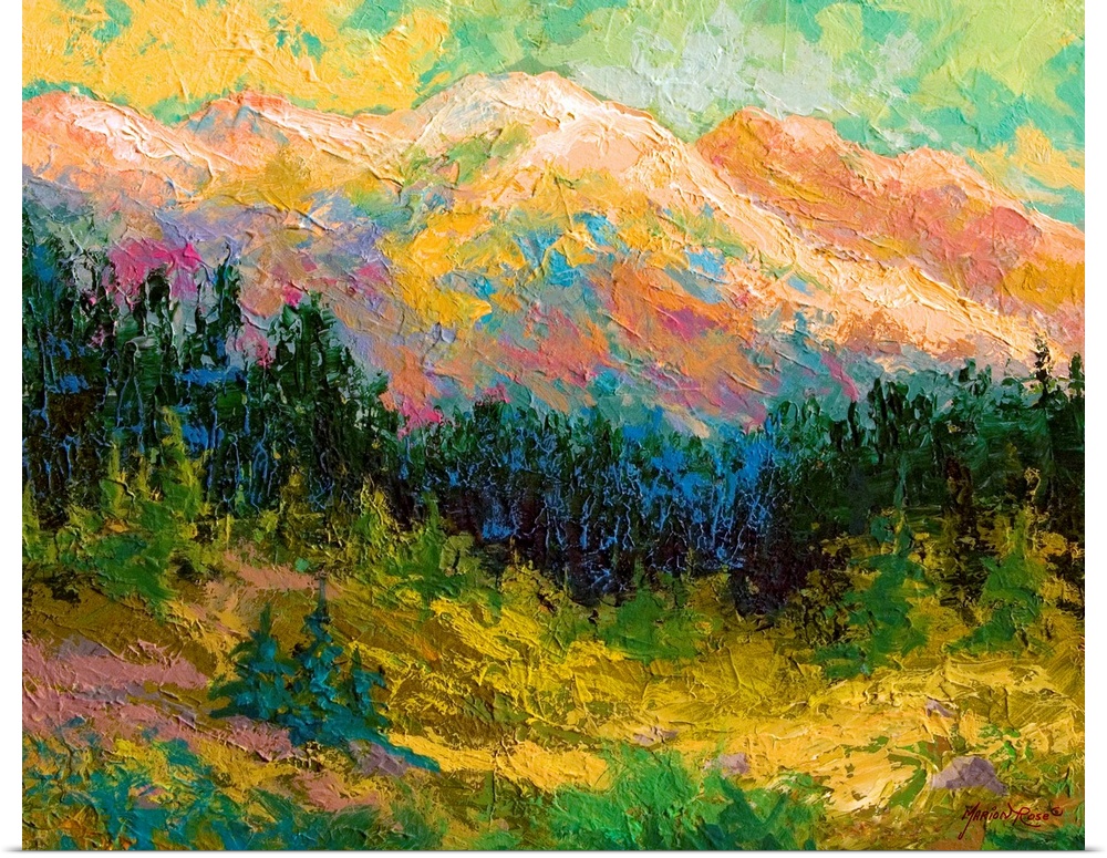 Contemporary artwork that is a painting of a mountain scape with pine trees lining the bottom of the mountain and an open ...