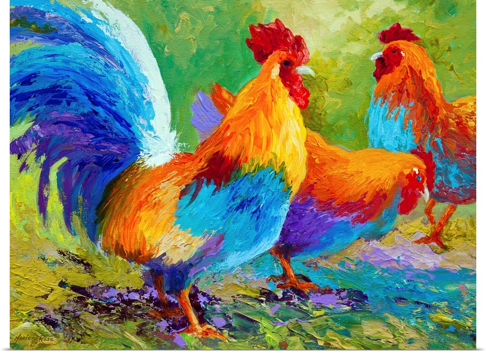 Bright colors are used to paint three roosters grouped together against a green background.