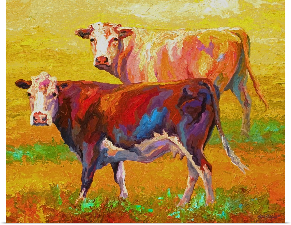A pair of cows looking forward on a brightly-painted landscape.