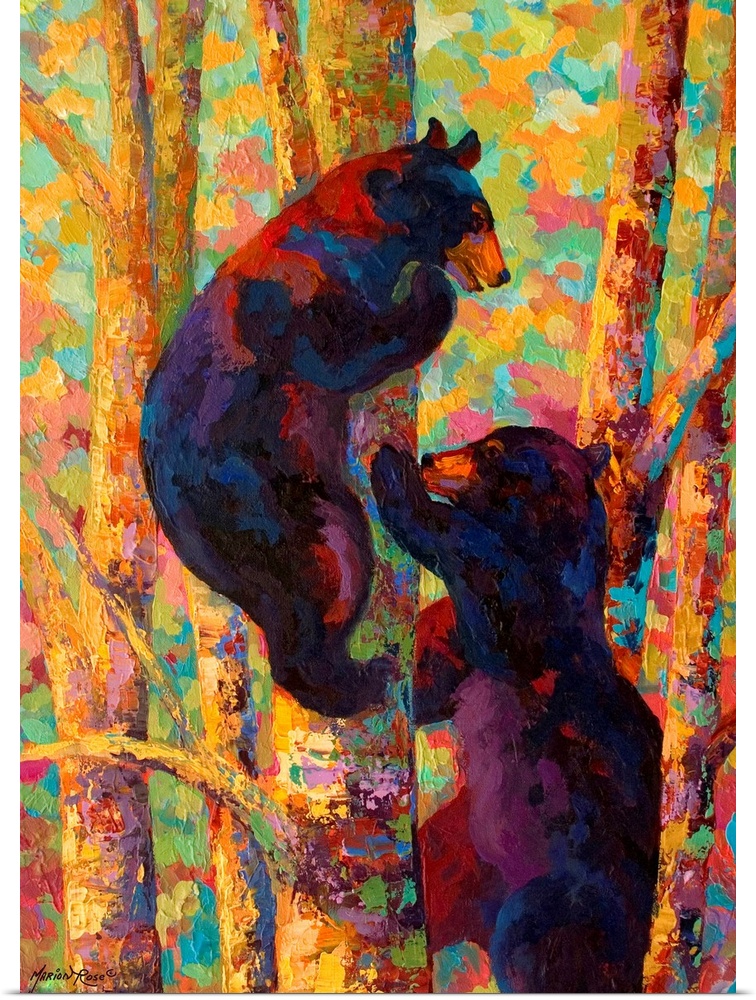 Giant, vertical painting of two bears climbing a tree, one on each side, a forest of colorful leaves and trees in the back...