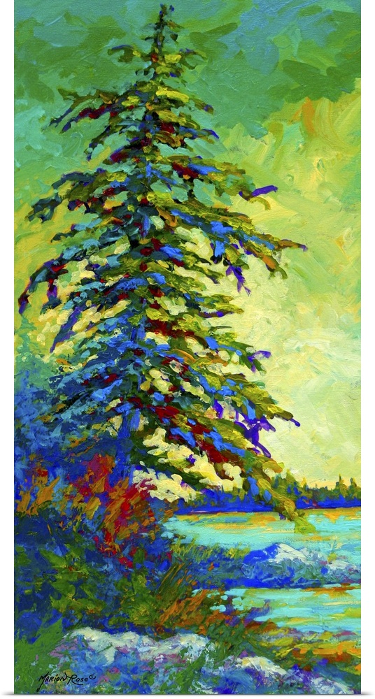 Tall painting on canvas of a tree beside the water made up of brush strokes.