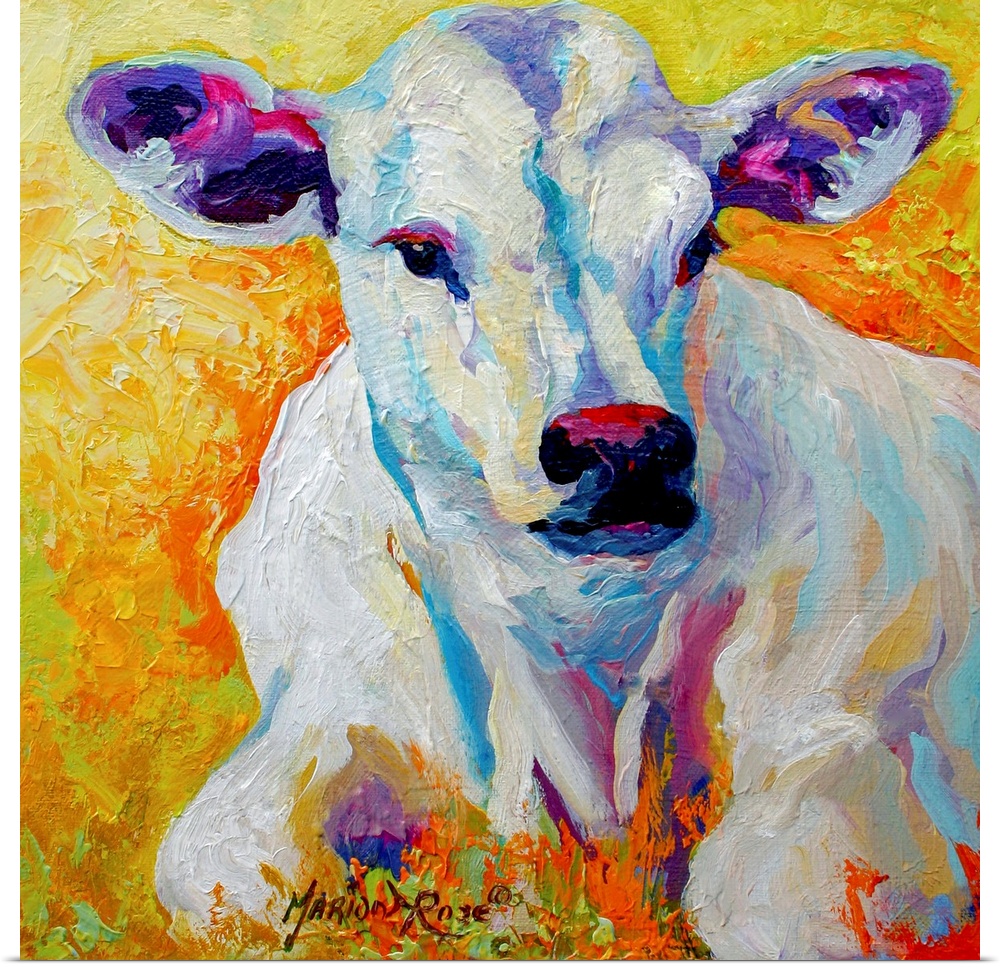 Contemporary painting of a young cow with soulful eyes and large ears, its white body standing out against the brightly co...