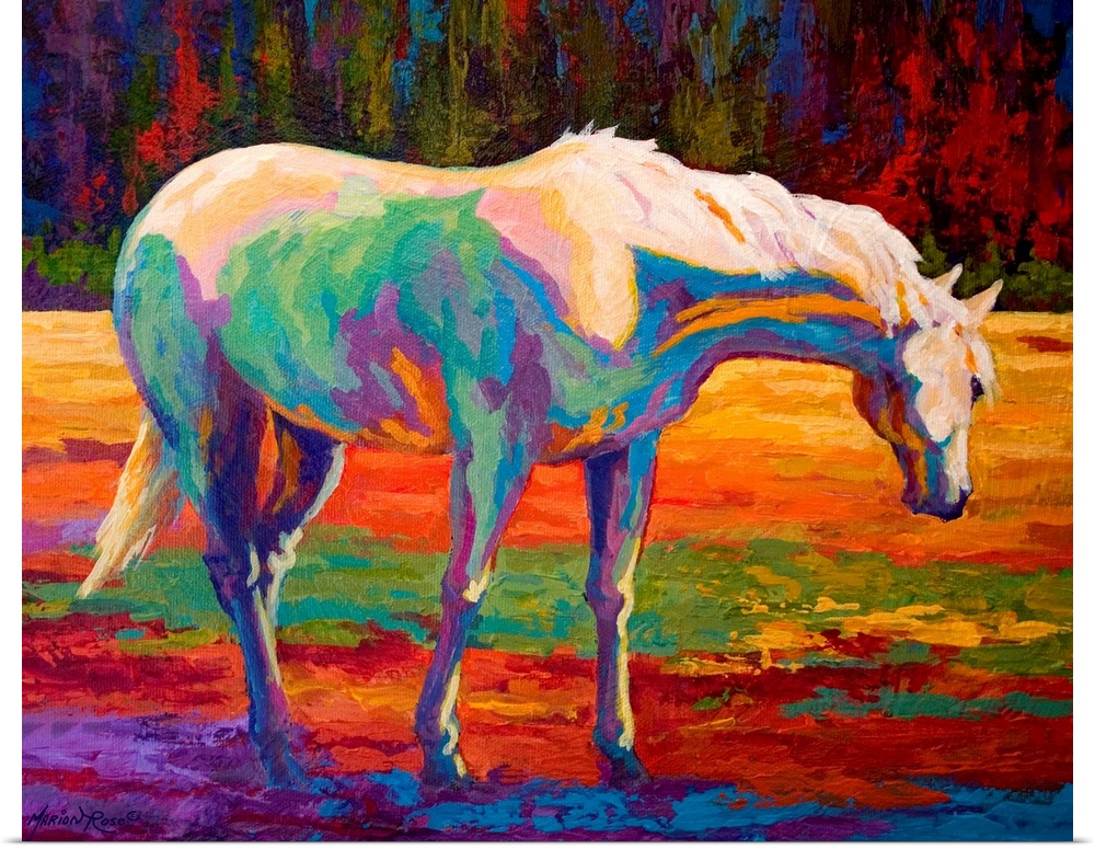 Large landscape painting of a horse grazing in a field.  Painted with a variety of bright colors that are used to create h...