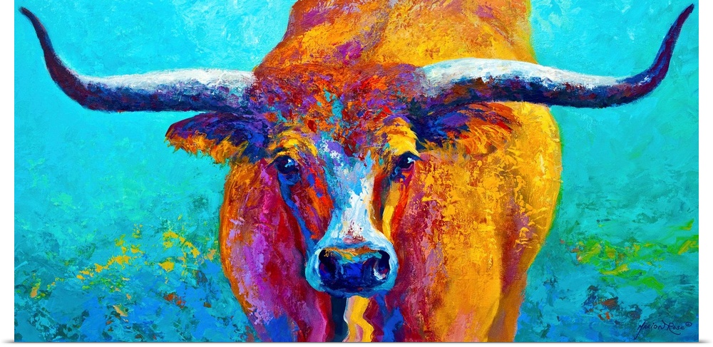 Contemporary panoramic painting of a bull with its horns extending to both ends of the image.