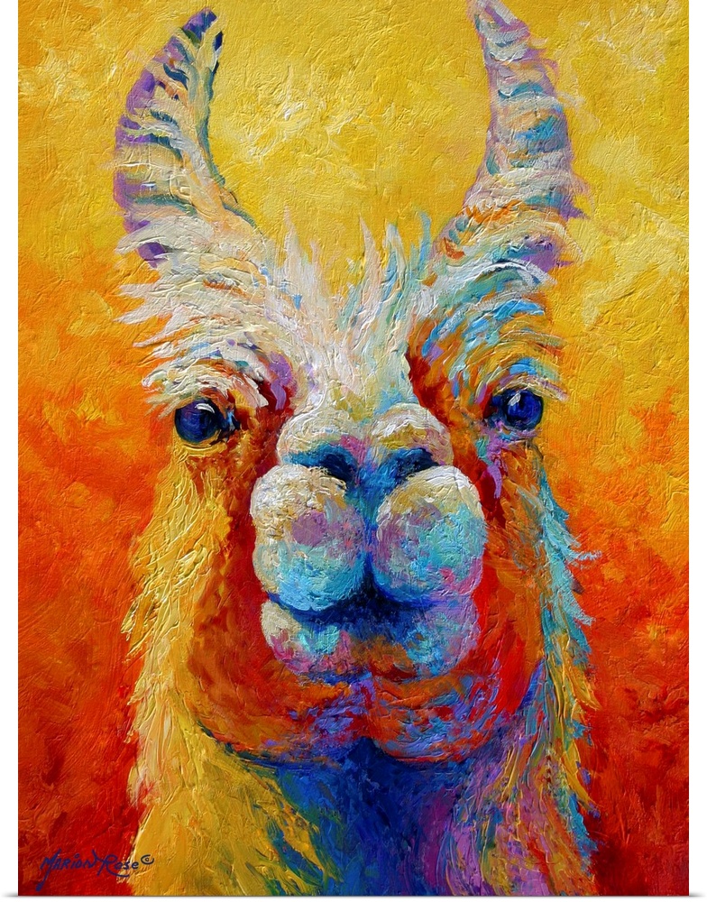 Colorful painting looking straight on at the face of a llama with his ears sticking straight up.