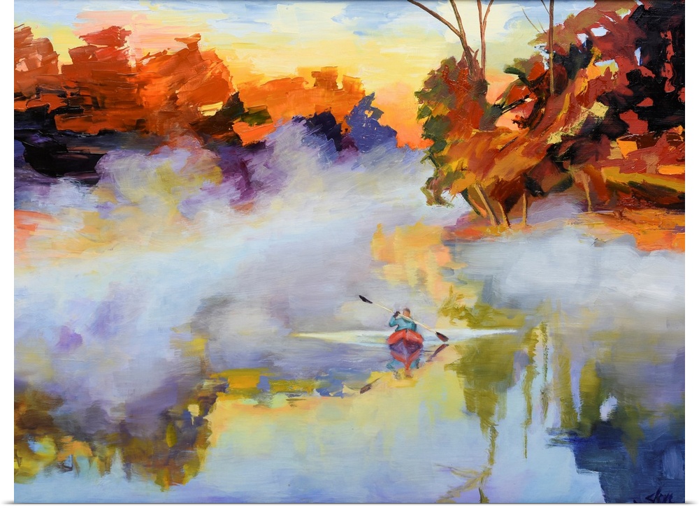 Kayaker paddling in the morning mist on a lake.