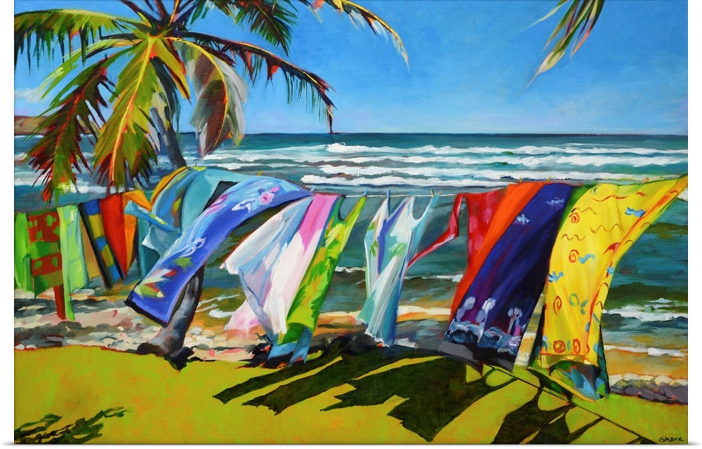Towels swaying in the breeze on Caribbean island.