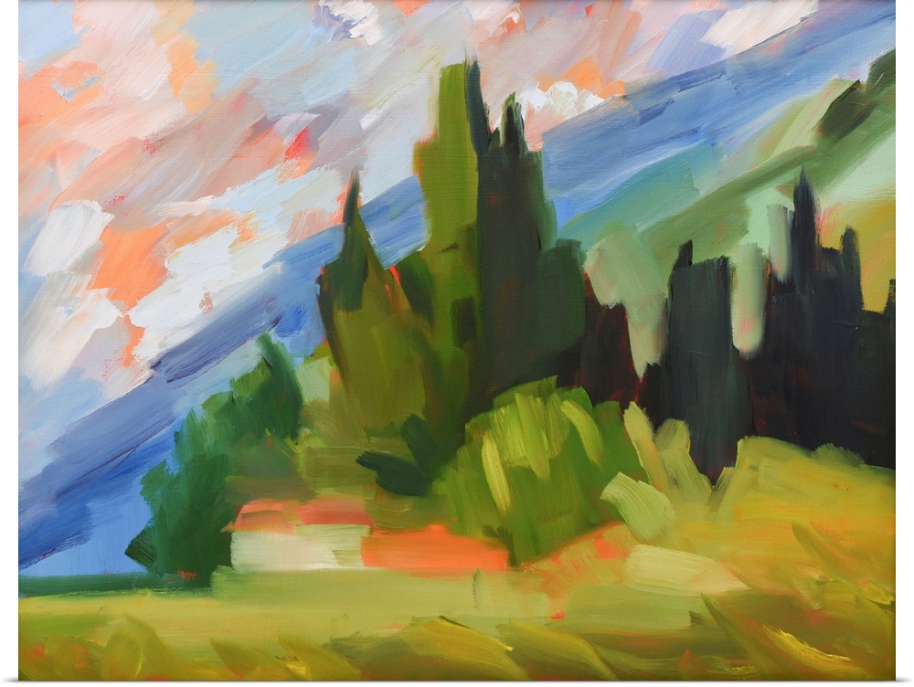 Hillside scene in Tuscany with colorful sky and trees.