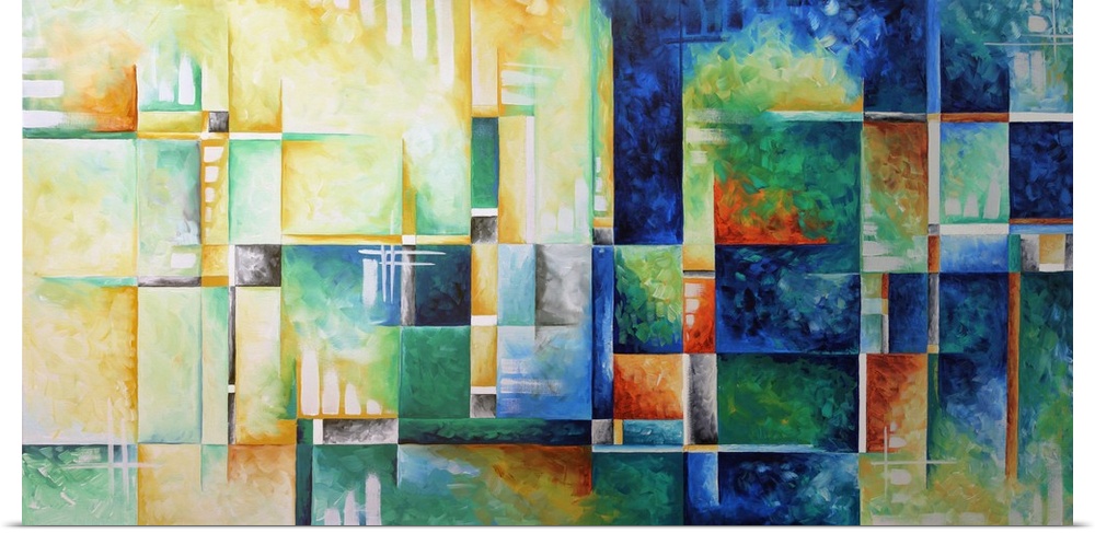 A contemporary abstract painting using a full spectrum of color against a checkered geometric background.