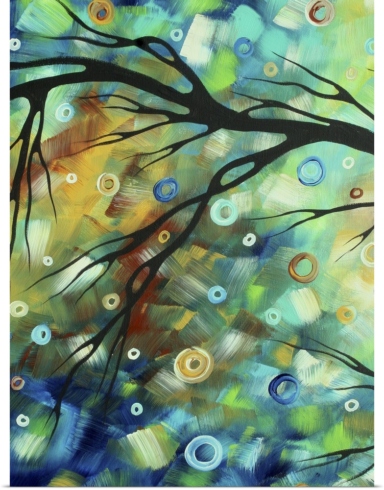 Tall abstract painting of patches of color with the silohuette of a branch over top.