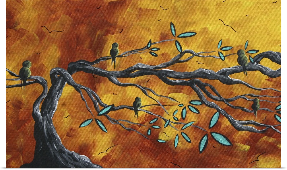 Canvas painting of five birds sitting on tree branches with a warm sunset made up of broad brush strokes in the background.
