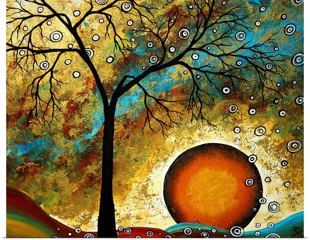 This wall art is a surreal contemporary painting of a silhouetted tree and a sun like orb falling below the horizon.