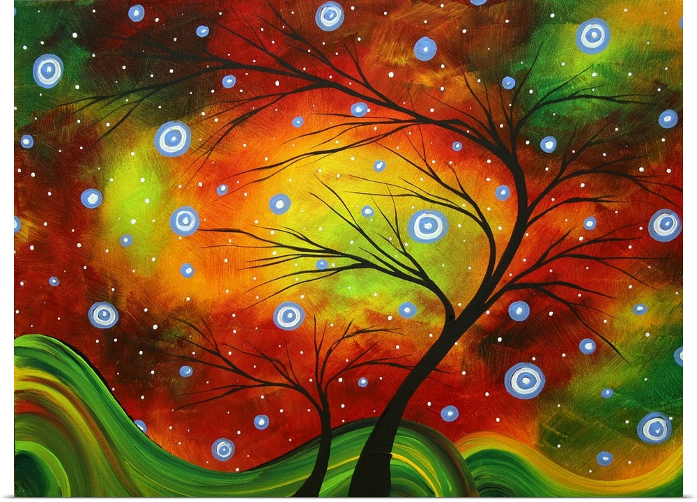 This surreal painting shows a silhouetted tree painted over a background of swirling colors and ethereal glows.