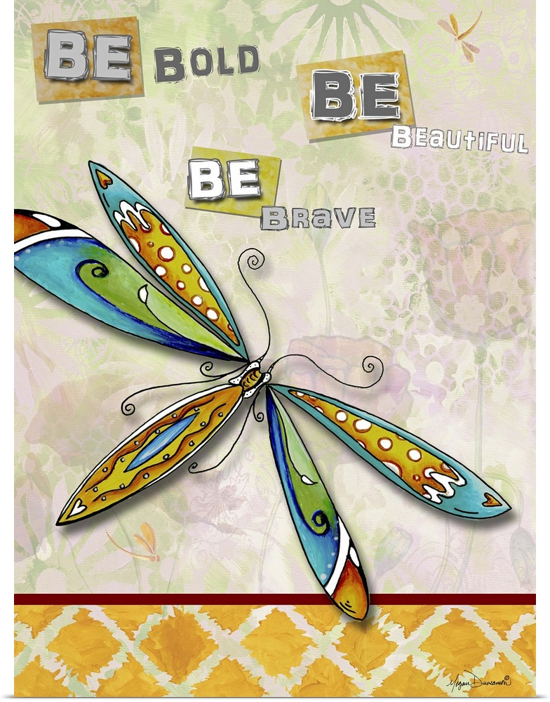 Inspirational decor artwork of a fantasy dragonfly with multicolored wings.