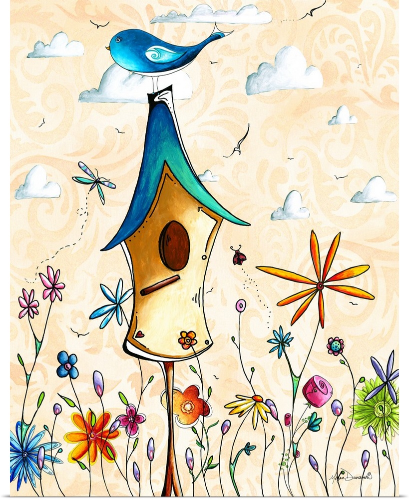Charming illustration of a little bird sitting on top of a colorful bird house in a field of flowers.