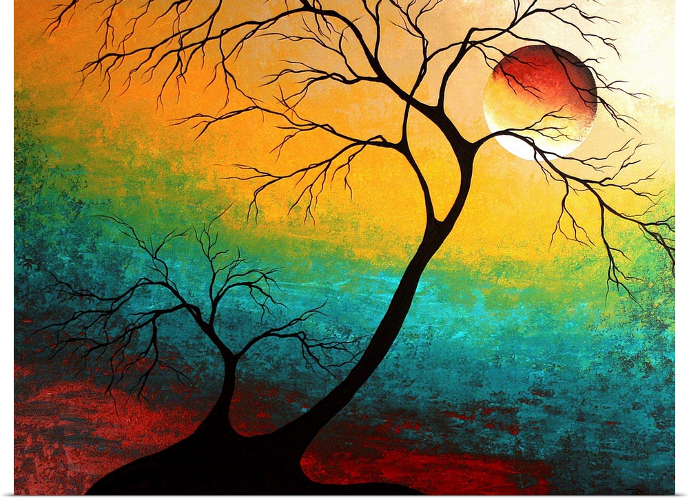 Contemporary abstract image of tree silhouettes with colorful striped horizontal sky and full moon.