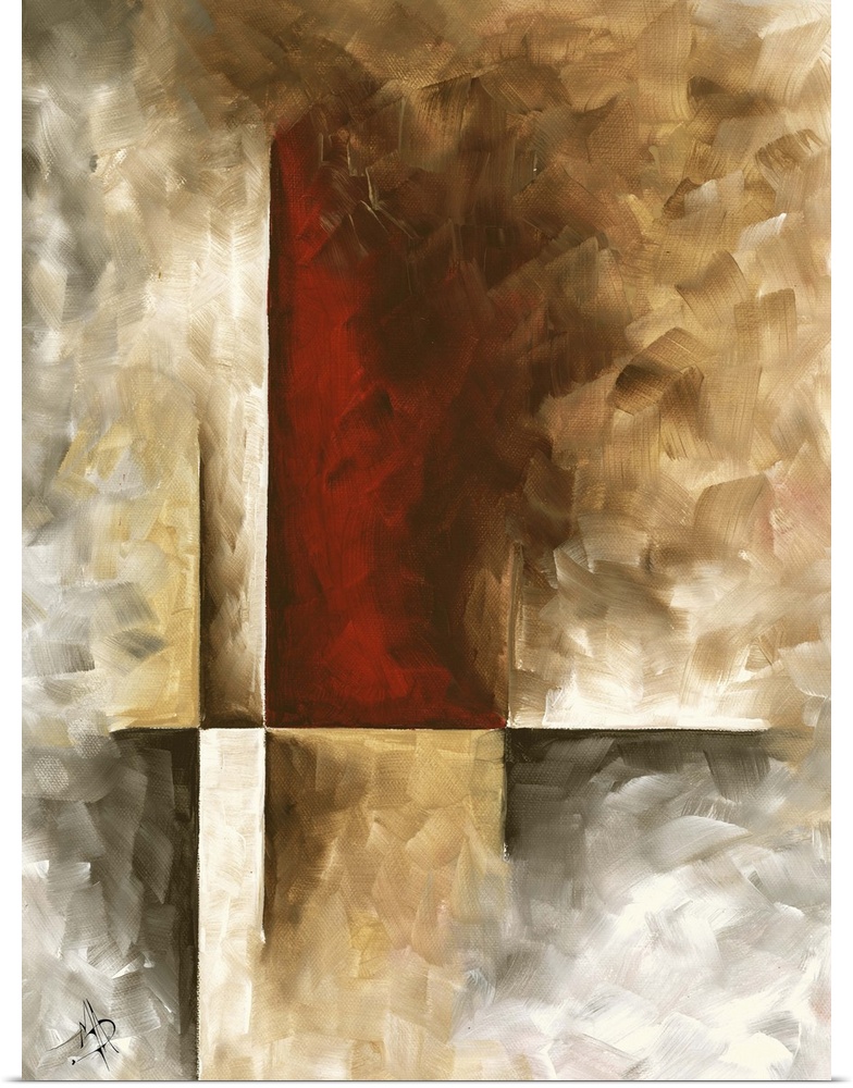 Contemporary abstract painting in deep, earthy tones with rough texture.