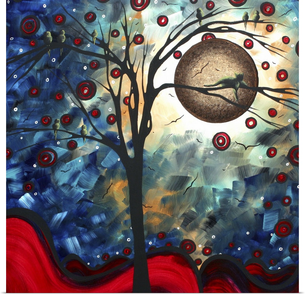 A cat and several birds are perched in a frail tree that is surrounded by small red circles and a dark moon just behind it.