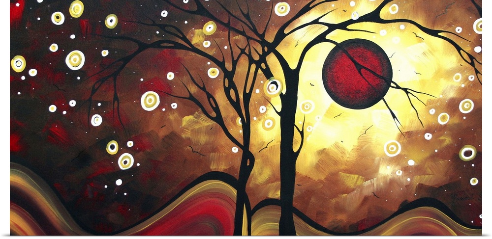 Abstract artwork that has a silhouette of two trees with a deep red sun behind them and white circles hang off the branches.