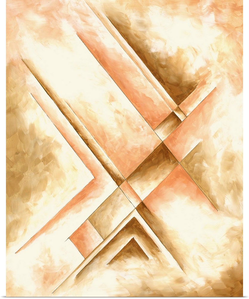 Contemporary abstract painting using tones of gold and angular shapes.