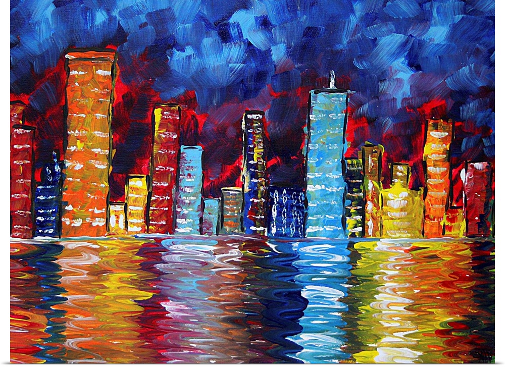 Landscape, large contemporary art of skyscrapers reflecting over water.  Painted with very heavy and deliberate brush stro...
