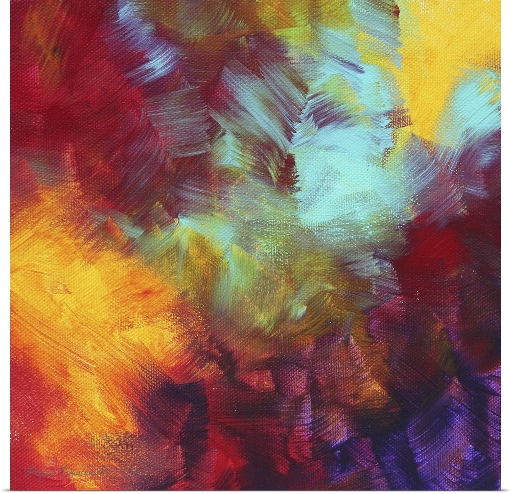 Square, large painting for a living room or office of multicolored, vibrant, overlapping brushstrokes that are painted in ...