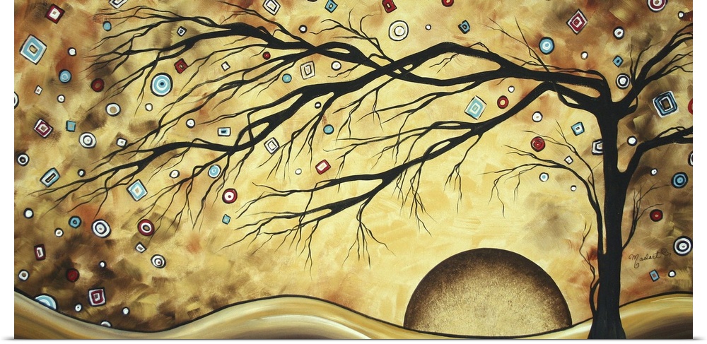 Large abstract artwork of a wilting tree with a setting planet and circular and square designs dotting the sky.