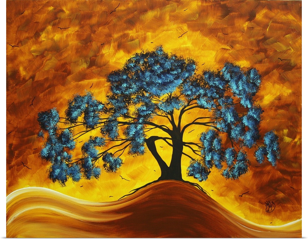 A massive tree is drawn with blue colored leaves but is surrounded entirely by warmer tones.