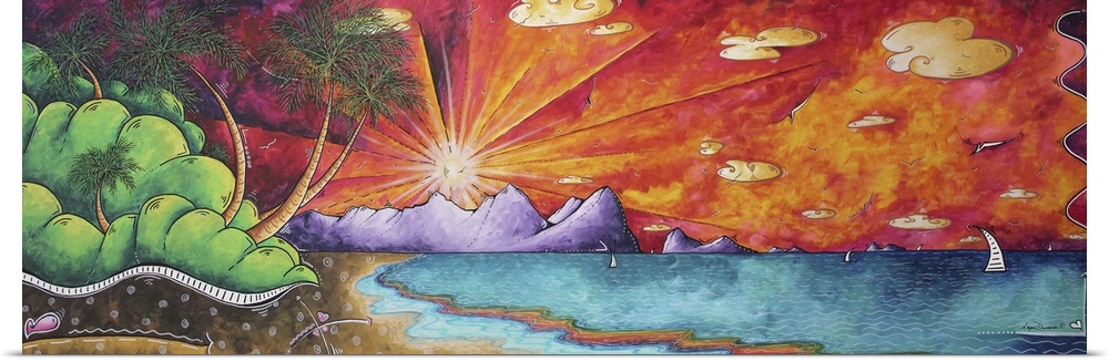 Contemporary painting of the sun setting over a tropical paradise.