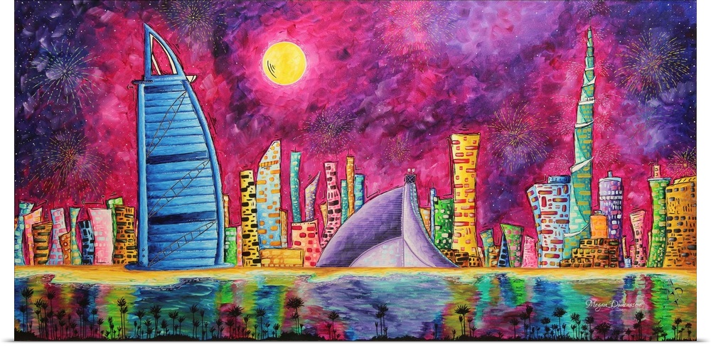Contemporary artwork of the Dubai skyline overlooking the marina at sunset.