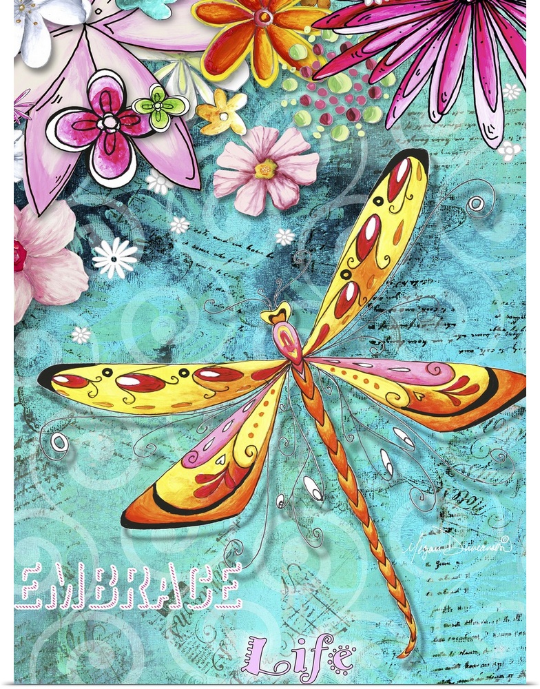 Contemporary painting of a yellow and pink dragonfly against a teal background with pink flowers.