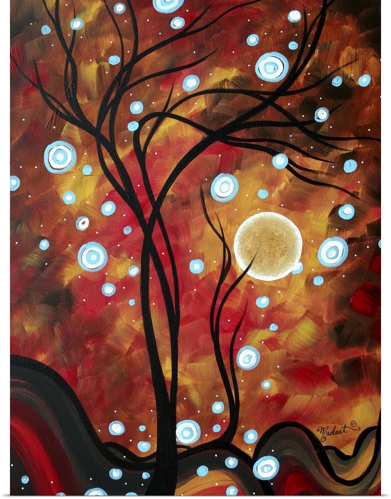 An intense, bold colorful abstract painting with fun whimsical colors. The black silhouette of a barren tree catches the b...