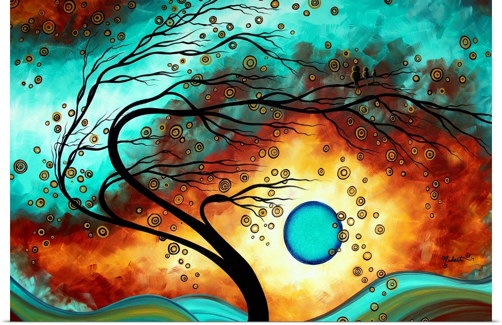 Modern graphic artwork featuring a thin tree swaying with a planet low in the sky and a vast universe behind it.